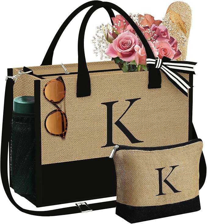 YOOLIFE Christmas Gifts for Women - Initial Jute Tote Bag & Makeup Bag, Birthday Gifts for Women Mom Wife Teacher Friend