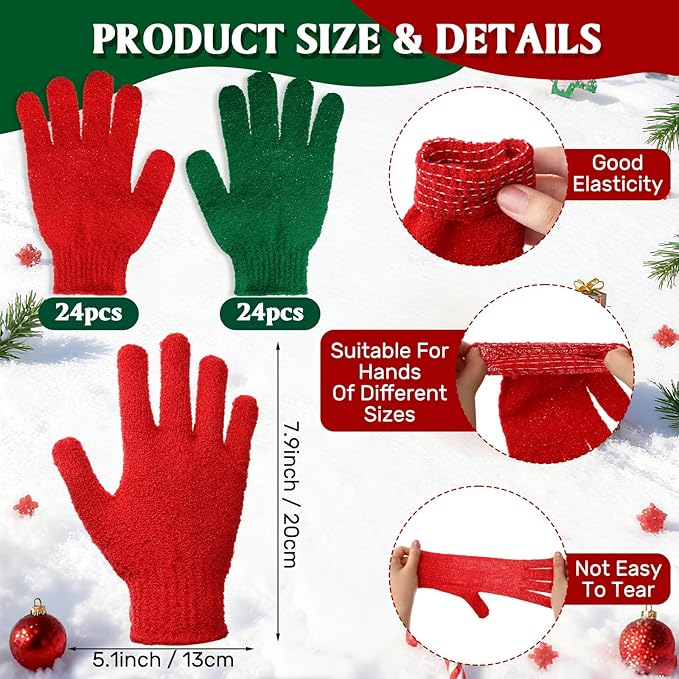 48 Pcs Red and Green Exfoliating Gloves Shower Gloves Bulk Double Sided Body Scrub Exfoliate Glove for Women & Men Bath Shower Beauty Spa Massage Scrubber Christmas Stocking Stuffing Gifts