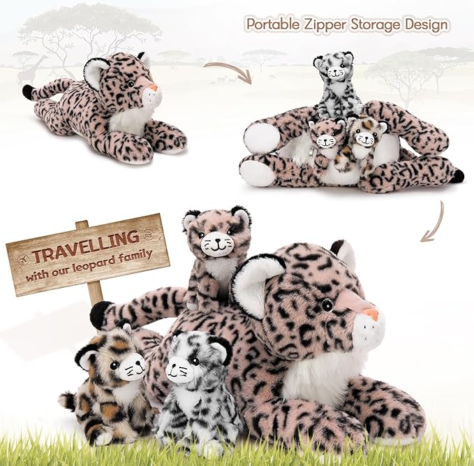 MorisMos Pink Cheetah Stuffed Animal with Babies,18" Large Mommy Leopard with Cub Plushies,Mama & Baby Leopard Stuffed Animals Set,Realistic Cheetah Toys Gift for Girl Kid Birthday Jungle Party Decor