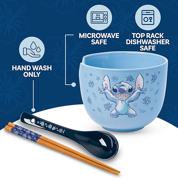 Silver Buffalo Disney Lilo and Stitch Hands Up Leaves and Flowers Ceramic Ramen Noodle Rice Bowl with Chopsticks and Spoon, Microwave Safe, 20 Ounces