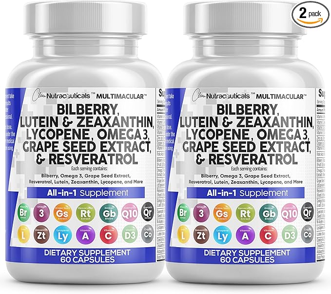 Clean Nutra Eye Vitamins with Bilberry Lutein and Zeaxanthin Supplements Lycopene 40mg Resveratrol Grape Seed Astaxanthin for Eyes - Eye Care Health Support (60 Count (Pack of 2))