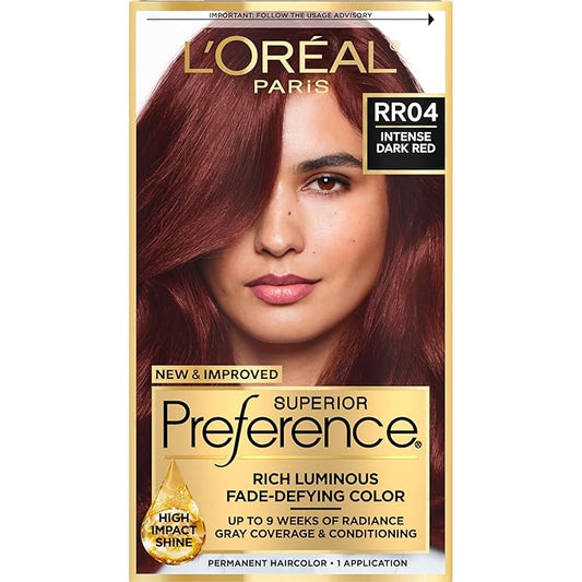 L'Oreal Paris Superior Preference Luminous Fade-Defying Permanent Hair Color, Hair Dye For Up to 9 Weeks of Radiance, Intense Dark Red RR-04, 1 Hair Dye Kit