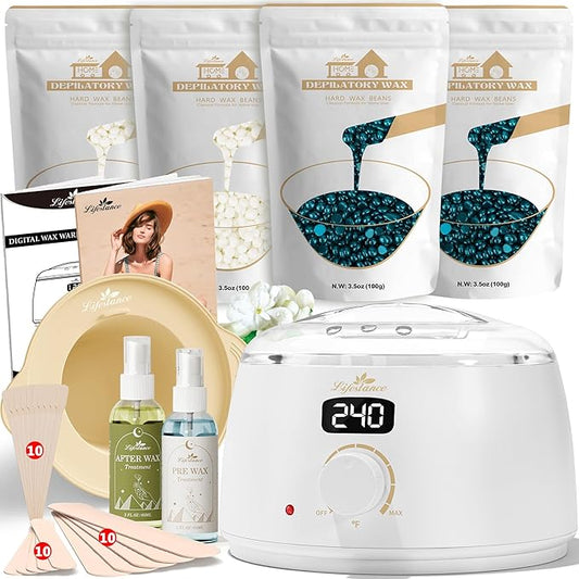 Lifestance Waxing Kit for Women & Men - White L3 Digital Warmer, Silicone Wax Pot Liner, Hair Removal Kit with 14.1oz Hard Wax Beads & Oil Spray, Professional for Home Brazilian Bikini Face Leg Body