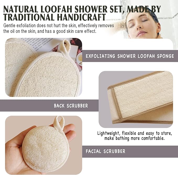 Natural Loofah Sponge Back Exfoliating Scrubber Combo Set, Seep Cleansing Skin and Facial Loofah Pad