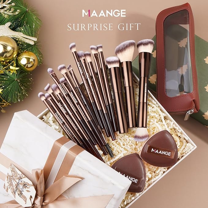 MAANGE Makeup Brush Set 19 PCS Travel Makeup Brushes Eyeshaowder Powder Concealers Foundation Professional Make Up Brush Set with Case (Coffee)