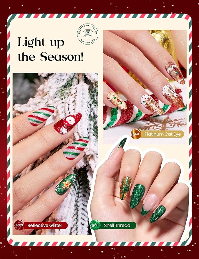 beetles Gel Polish Merry Glitzmas 2025 Christmas Advent Calendar – 24 Days Christmas Countdown Nail Art Set with Mini LED Nail Lamp Base Top Coat and Festive Holiday Surprises Gifts for Women Girls