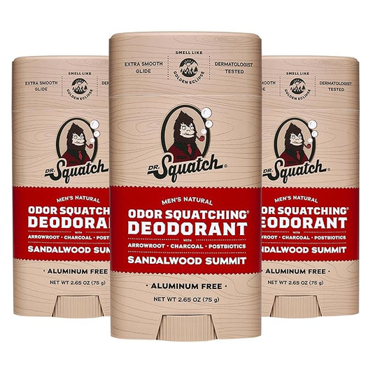 Dr. Squatch Natural Deodorant for Men - Odor-Squatching Aluminum Free - Sandalwood Summit (2.65 oz, 3-Pack)