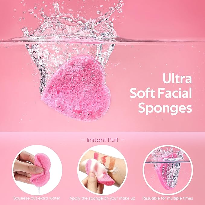 GAINWELL 50-Count Heart Shape Compressed Facial Sponges for Daily Facial Cleansing and Exfoliating, 100％ Natural Cosmetic Spa Sponges for Makeup Remover
