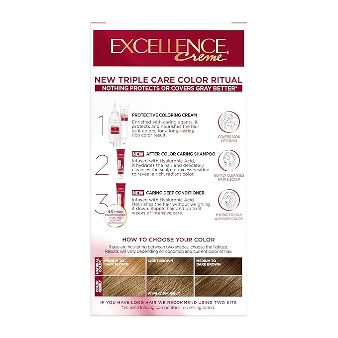 L'Oreal Paris Excellence Crème Permanent Hair Dye, Triple Care Hair Color with Pro-Keratine Complex for 100% Gray Hair Coverage, 6 Light Brown, 1 Kit