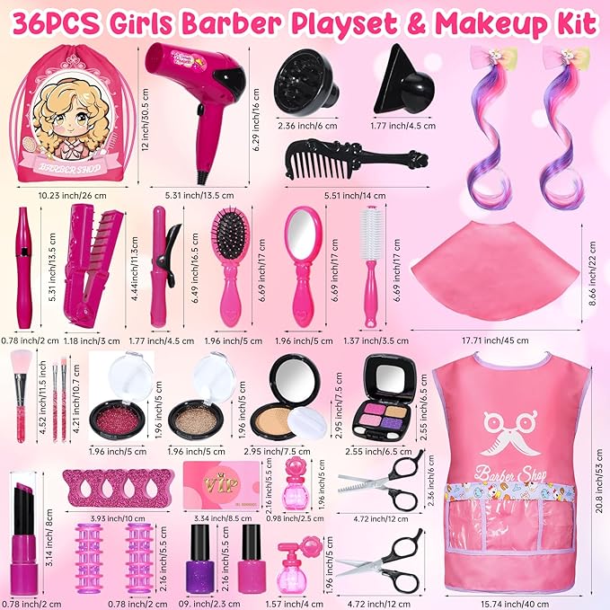Hair Salon Toys for Girls, 36PCS Kids Pretend Play Makeup Sets, Dress Up Beauty Hair Stylist Toy Kit with Barber Apron, Hair Dryer, Curling Iron, Mirror, Scissors and Styling Accessories