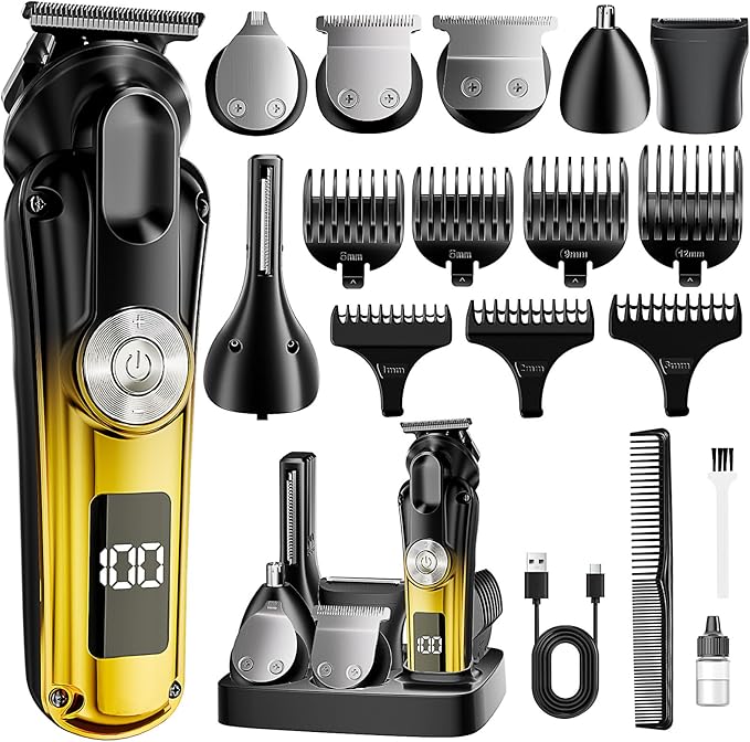 6-in-1 Hair Clipper Beard Trimmer for Men, IPX6 Waterproof Electric Shaver Razor&Cordless Hair Clipper Grooming Kit Hair Trimmer for Nose, Body, Face and Mustache, Gifts for Men