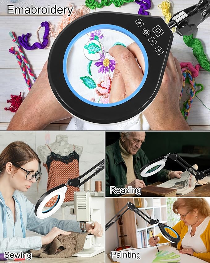 10X & 5X Magnifying Glass with Light, Ultra Long Swing Arm, 5 Colors & 10 Brightness, Real Glass Lens Large Magnifying Lamp for Craft Painting Workbench Jewelry Making Hobby Close Work (Blue)