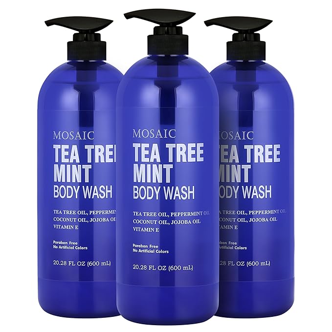 Tea Tree Body Wash with Mint & Shower Gel with Vitamin E for Jock Itch, Eczema, Ringworm, Body Odor, Body Wash Women & Men with Added Body Oils,LARGE 20.2 FL Oz Bottle (Tea Tree Mint, Pack of 3)