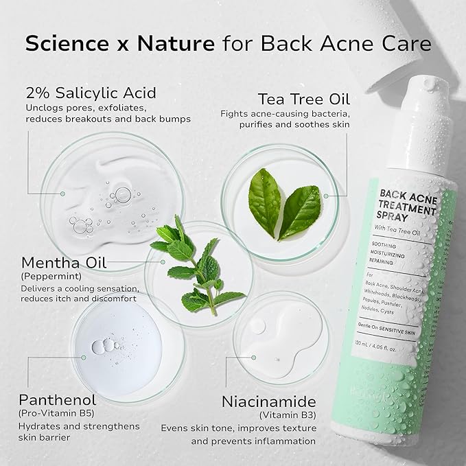Back & Body Acne Spray Treatment: 2% Salicylic Acid & Tea Tree Oil Bacne Spray for Clear, Soothe & Moisturize - Effective for Men, Women, Teens with Back, Chest, Shoulder, Arm Acne