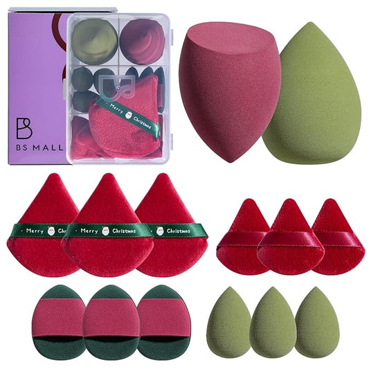 Makeup Sponge Set BS-MALLTriangle Puff 14 Pcs for Liquid, Cream, and Powder, Multi-colored Makeup Sponges and Mini Makeup Sponge (Green Red)
