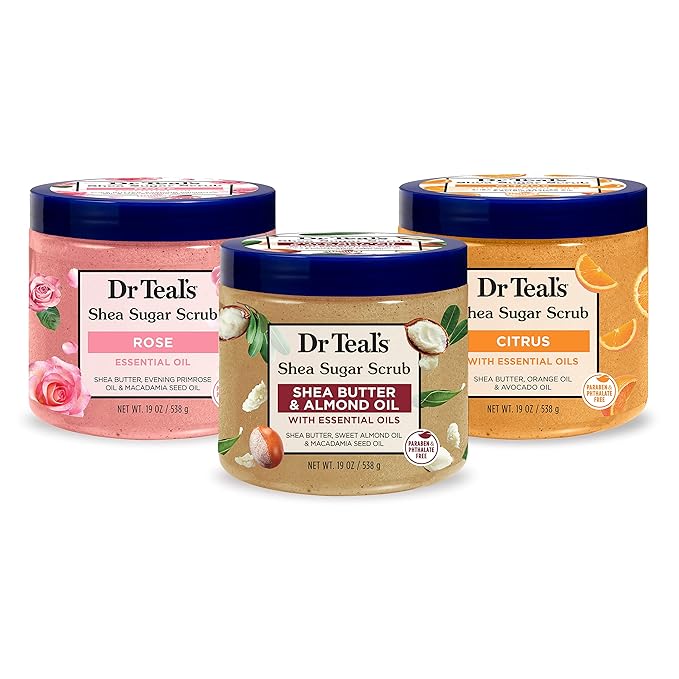Dr Teal's Shea Sugar Scrub Trial Pack, Rose, Shea Butter, Citrus 19 oz (Pack of 3)