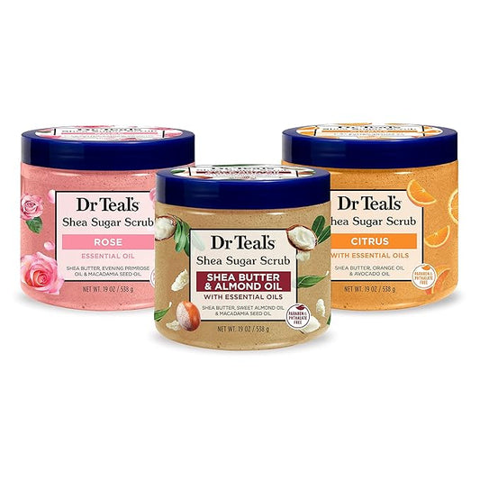 Dr Teal's Shea Sugar Scrub Trial Pack, Rose, Shea Butter, Citrus 19 oz (Pack of 3)