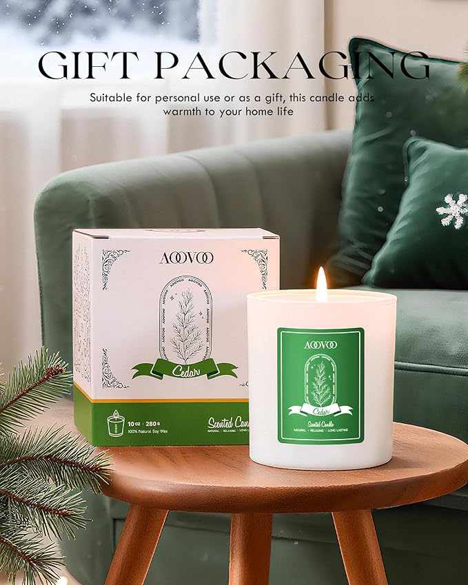 AOOVOO Cedar Scented Candles for Women - Aromatherapy Candle with Crystals Inside, 10oz Soy Candles for Home Scented, Birthday Gifts Christmas Candle for Women Mom