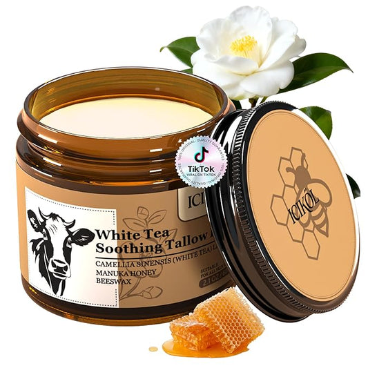 Organic Beef Tallow Honey Balm, Handmade Moisturizer Beef Tallow for Face and Body, Grass Fed Beef Tallow for Dry Skin, Pure Natural Cream with White Tea Scent, 2.1oz