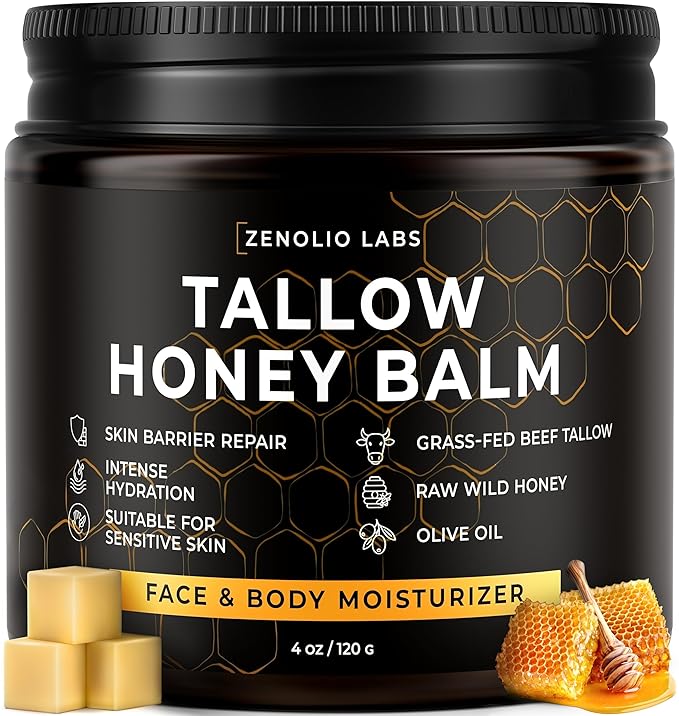 Organic Beef Tallow for Skin Face - Tallow and Honey Balm for Face - Whipped Grass-Fed Moisturizer with Raw Honey & Beeswax - Hydrating Body Cream for Dry, Cracked and Sensitive Skin