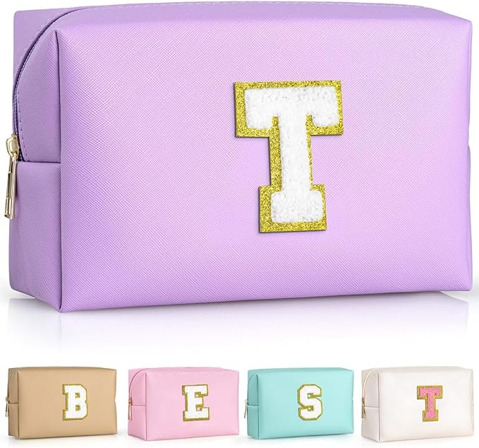 TOPEAST Preppy Stuff for Girls, Initial Makeup Bag Chenille Letter Pouch Cosmetic Bag with Zipper, PU Leather Waterproof Toiletry Bag, Cute Stuff Birthday Gift for Friends Sister (Purple T)