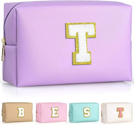 TOPEAST Preppy Stuff for Girls, Initial Makeup Bag Chenille Letter Pouch Cosmetic Bag with Zipper, PU Leather Waterproof Toiletry Bag, Cute Stuff Birthday Gift for Friends Sister (Purple T)