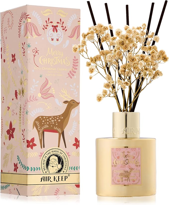 Airkeep Christmas Reed Diffuser Set - 3.38 fl oz (100 ml) Christmas Cookie Oil Diffuser with 8 Reed Sticks, Home Fragrance for Bathroom Shelf Decor