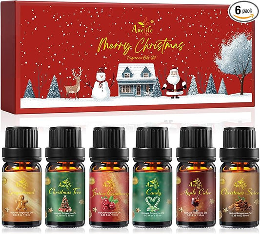 Christmas Essential Oil Set | 6 Pack Holiday Fragrance Oils for Diffuser, Candle Making | Christmas Tree, Spice, Gingerbread, Apple Cider, Candy, Cranberry | Aromatherapy Gift Set for Home & Women