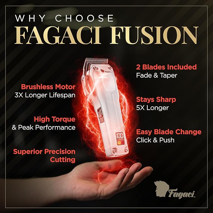 Fagaci Professional Hair Clippers for Men with Superior Precision, 5X Longer Sharpness Professional Barber Clippers Cordless with 2 Blades Fade & Taper, Brushless Motor Mens Hair Clipper Cordless Set