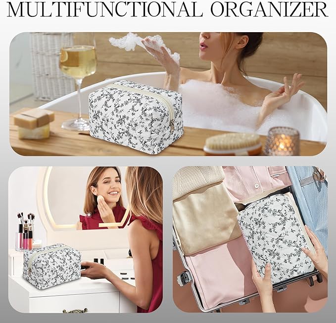 Quilted Makeup Pouch,Cotton Puffy Makeup Bag, Coquette Cosmetic Bag for Women and Girls, Aesthetic Organizer Bag, Cute Flower Travel Toiletry Bag
