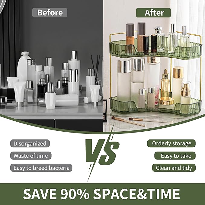 YCIA&DONE Corner Bathroom Counter Organizer, Makeup Organizer for Vanity, Skincare Cosmetic Perfume Tray, Corner Countertop Shelf Rack Storage for Bathroom Kitchen 2 Tiers (Vintage Green)