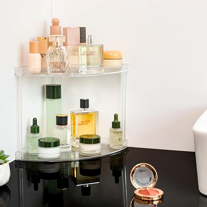 Yieach Clear Acrylic Bathroom Corner Shelf, 2 Tier Bathroom Counter Organizers and Storage Tray for Makeup,Perfume,Skincare Organizer Shelf & Vanity Storage for Bedroom and Spice Racks for Kitchen