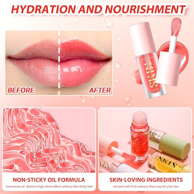 Big Brush Head Hydrating Lip Glow Oil Plumping Lip Tint, Hydrating Lip Gloss Tinted Lip Balm Transparent Lip Care, Long Lasting Nourishing Non-sticky Fresh Texture (Cherry)