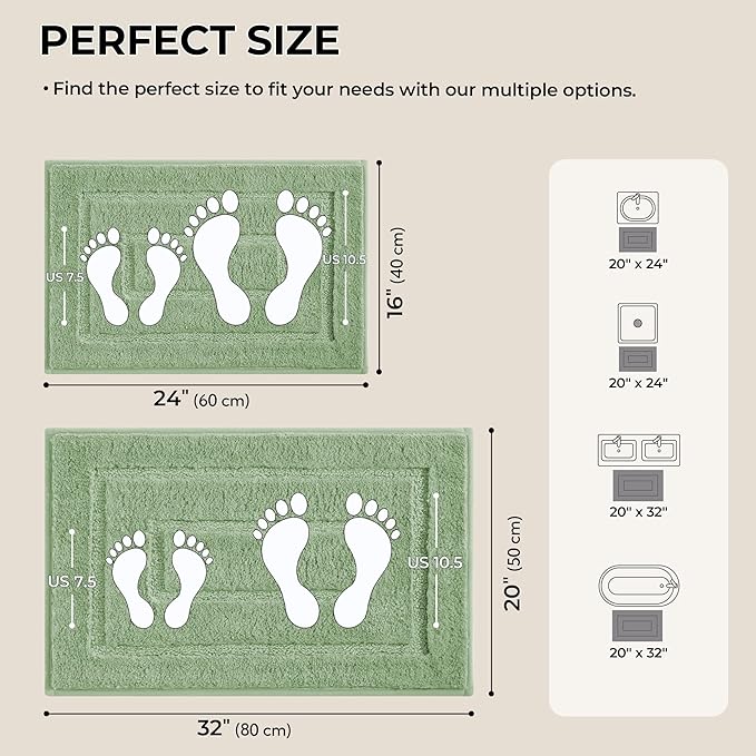 GRANNY SAYS Bathroom Rugs Sets 2 Piece,Soft Bath Mats for Bathroom, Bath Rugs Non Slip Washable, Absorbent Bath Rug for Tub, Shower and Toilet, Bath Mat Set (Green, 20" x 32" + 16" x 24")