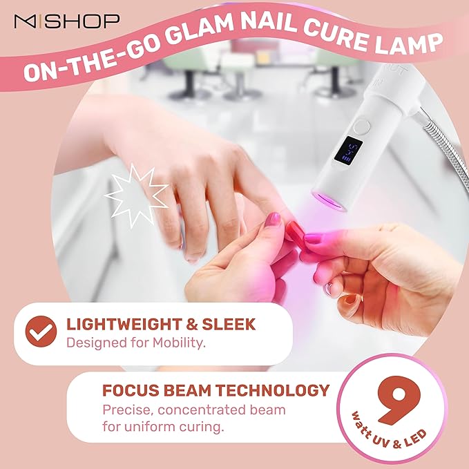 M - GlamCure GO Nail Flash Cure Lamp with Focus Beam Technology, Touch Screen - LED & UV Nail Light - Curing Lamp for Gel Nails, Acrylic, Builder - Portable & Adjustable