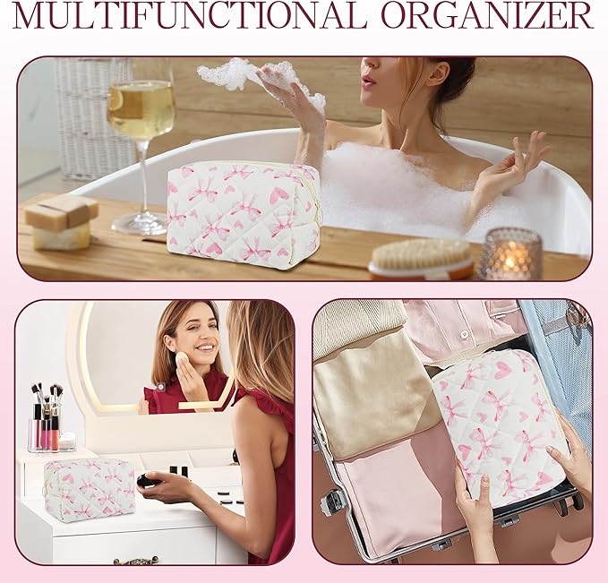 Quilted Makeup Pouch,Cotton Puffy Makeup Bag, Coquette Cosmetic Bag for Women and Girls, Aesthetic Organizer Bag, Cute Flower Travel Toiletry Bag