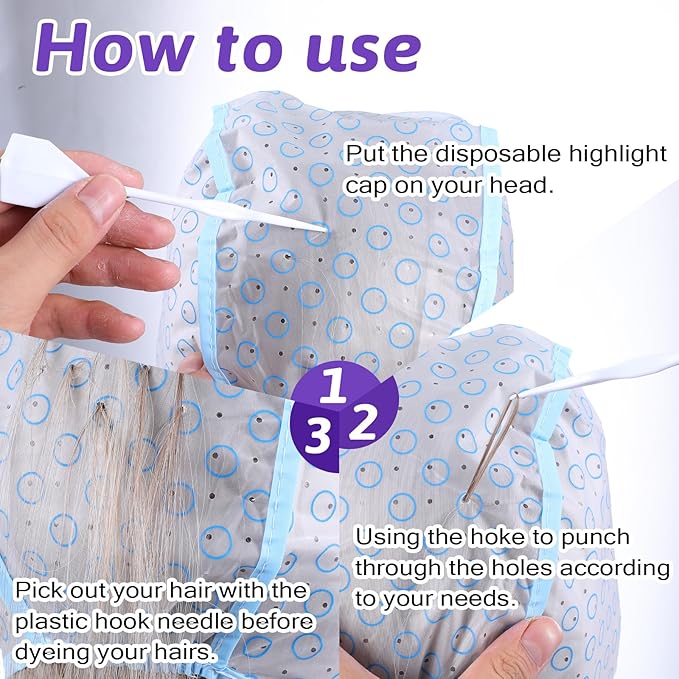 3PCS Highlight Cap, Hair Highlighting Caps With 3 Plastic Crochet Hooks Highlighting Kit for Hair Coloring Salon Dyeing Bleach Salon and DIY Hairdressing Supplies(Pink Blue Purple)