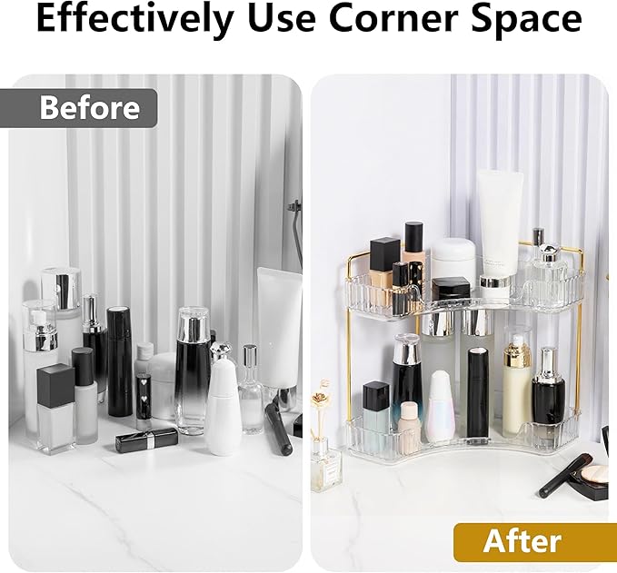 YCIA&DONE Corner Bathroom Counter Organizer, Makeup Organizer for Vanity, Skincare Cosmetic Perfume Tray, Corner Countertop Shelf Rack Storage for Bathroom Kitchen 2 Tiers (Clear White)