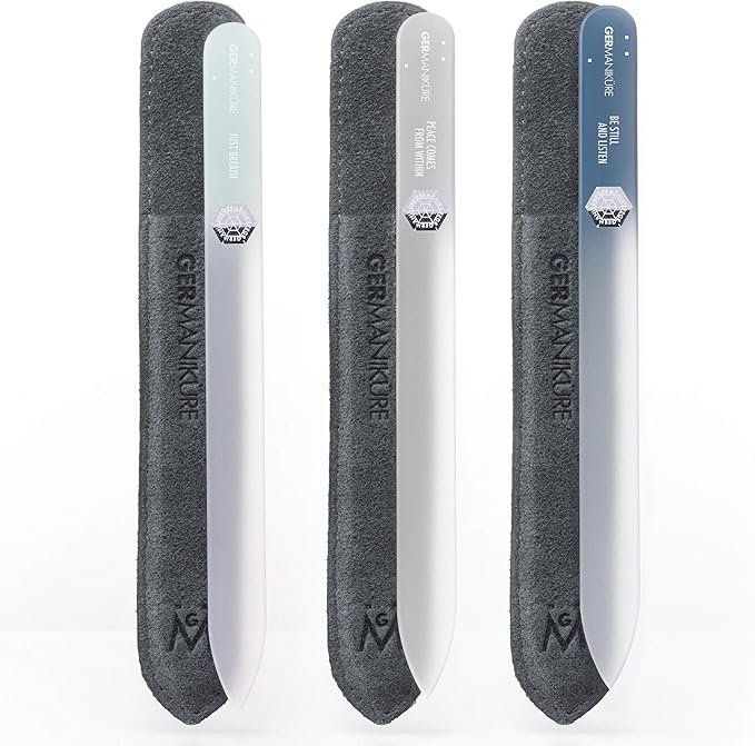 GERMANIKURE Czech Crystal Glass Nail File 3 Pack in Suede Sleeves - Professional Manicure & Pedicure Products for Smooth Easy Shaping of Natural Nails - Ideal Nail Care Gift