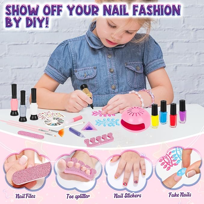 Kids Nail Polish Set for Girls, 27PCS Nail Art Kit with Nail Dryer, Non Toxic Nail Polish kit and Fake Nails for Kids, Halloween Christmas Birthday Gifts for Girls 8-12