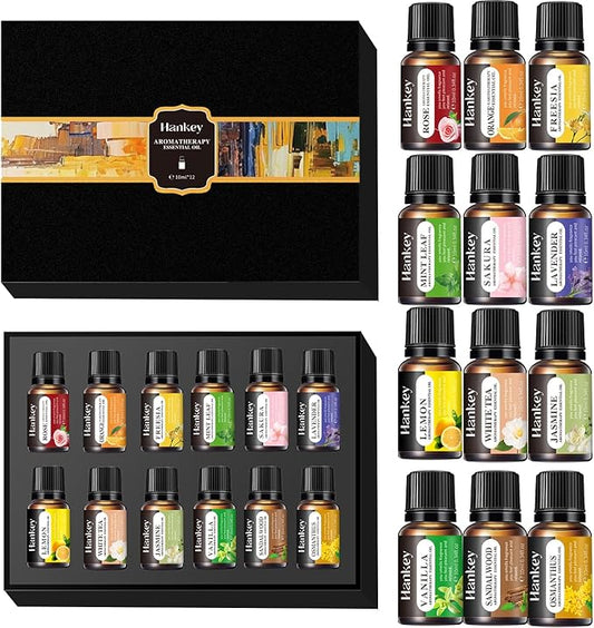 Premium Essential Oils Gift Set, 12 Aromatherapy Blends for Diffusers, Home Care, Candle Making-Rose, Orange, Freesia, Mint, Sakura, Lavender, Lemon, White Tea, Jasmine, Vanilla, Osmanthus, Sandalwood