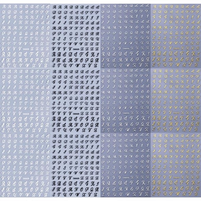 12 Sheets Letter Nail Art Stickers Decals 3D Self Adhesive Letter Nail Stickers for Nail Art Black White Silver Gold Retro English Nail Decals Letters Nail Design Nail Art Supplies