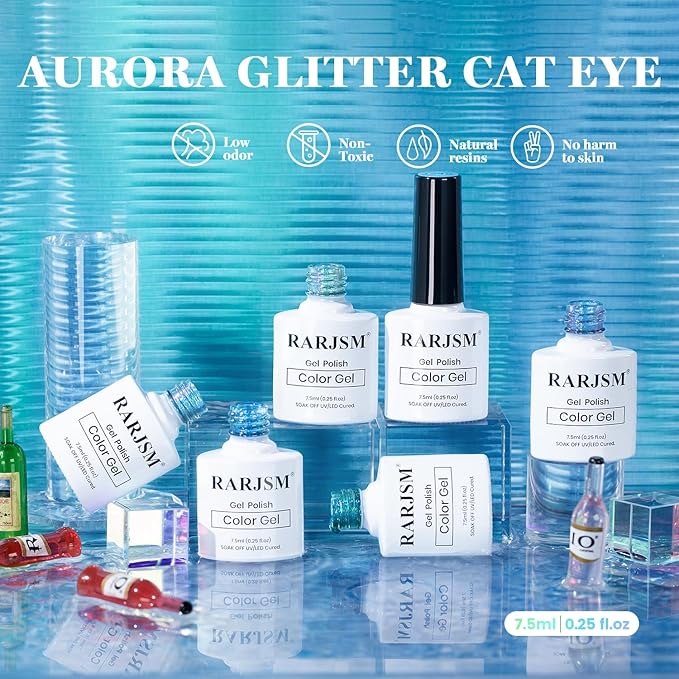 RARJSM Blue Cat Eye Gel Nail Polish Set 6pcs Reflective Diamond Glitter Clear Light Gray Sea Blue Green Tone Glass Cateye Gelpolish with Magnet Stick 7.5ml Curing Requires Soak Off for Home Salon