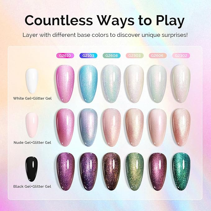 MelodySusie 7.5ML Glitter Gel Nail Polish Set, 6 Colors Aurora White Sparkle Gel Polish Kit Aurora Blue Pink Shimmer Gel Polish Gifts for Women Nail Art Manicure Salon DIY Nail Design at Home