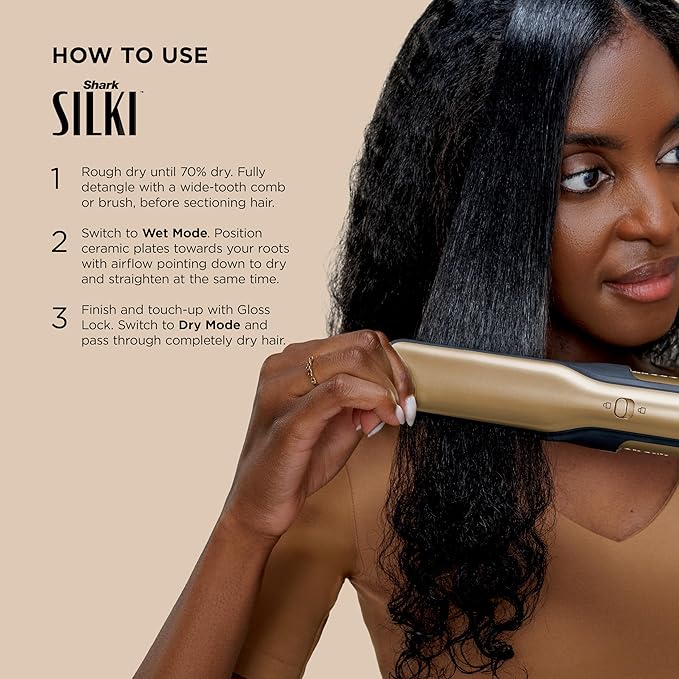 Shark Glam Ceramic & Powerful Air Styling & Drying System, with Silki Straightener & Shark Glossi Air Glosser, for Drying, Curling, Straightening & Glossing, Gold, HD6051S (Straight & Wavy Hair)