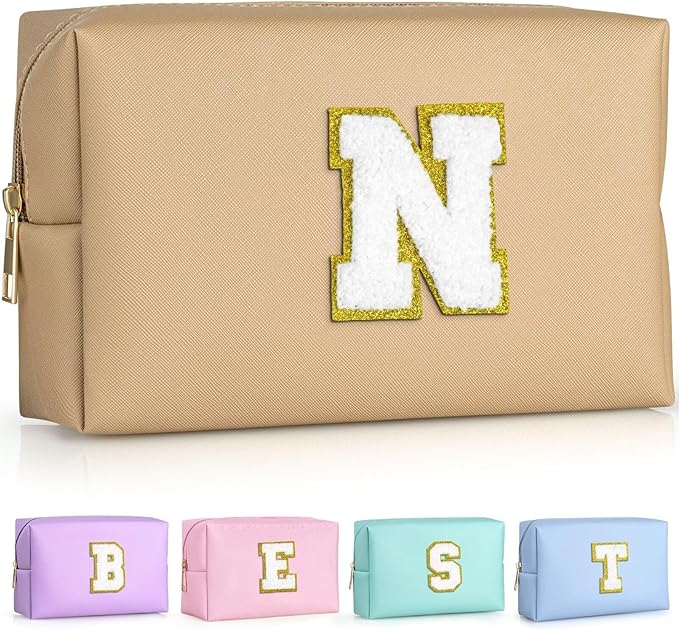 TOPEAST Preppy Stuff Cute Makeup Bag Small Cosmetic Bag Travel Toiletry Bag, Personalized Birthday Wedding Gifts for Mom Teacher Friends Bridesmaids, Preppy Travel Stuff for Girls (Khaki N)