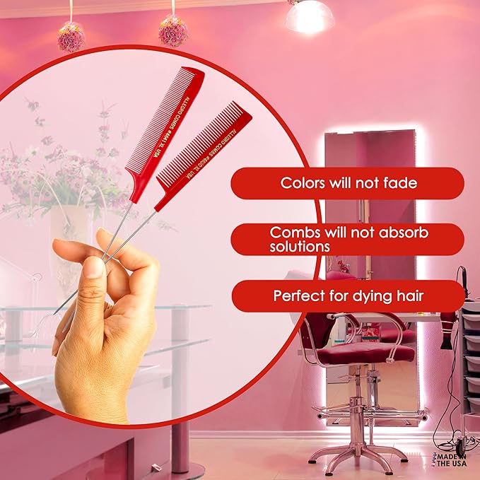 Allegro XL Rat Tail & Pin Combs - Metal Tail Foiling Combs for Stitch Braids - 2 Pc. (Red)