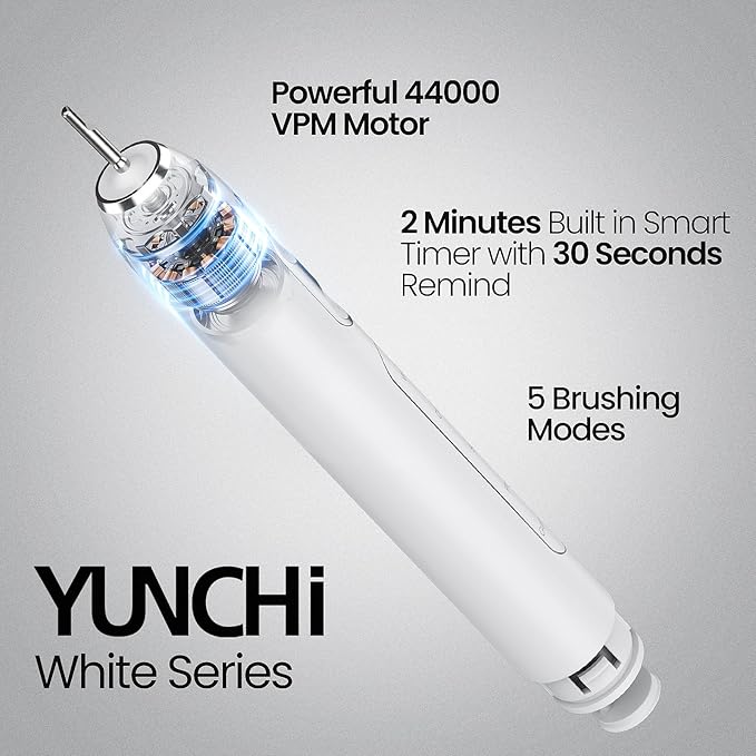 YUNCHI Sonic Electric Toothbrush for Adults Teens, Rechargeable Battery Toothbrush with 8 Brush Heads, 90 Days, 44000 VPM Powerful Motor, 5 Models & 2 Minutes Built in Smart Timer, Travel Case,White