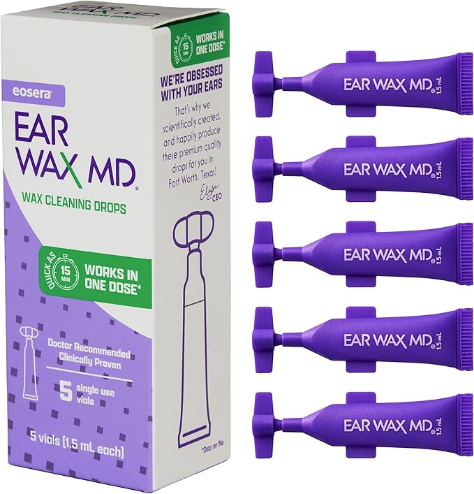 eosera Ear Wax MD Cleaning Drops - Fast-Acting Earwax Removal Solution - 5 Single-Use Vials - Doctor Recommended, Clinically Proven Wax Dissolver for Adults & Kids - Works in 15 Minutes