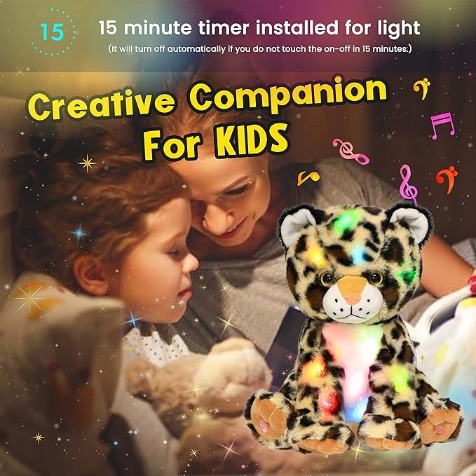 Hopearl LED Musical Plush Leopard Lighting Up Cheetah Stuffed Animal Panther Floppy Night Lights Glow in The Dark Birthday Festival for Kids Toddlers Boys, 11''